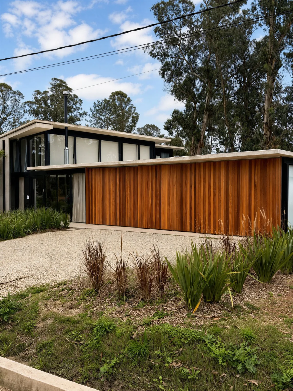 Fachada de madera y hormigón con garaje para dos autos