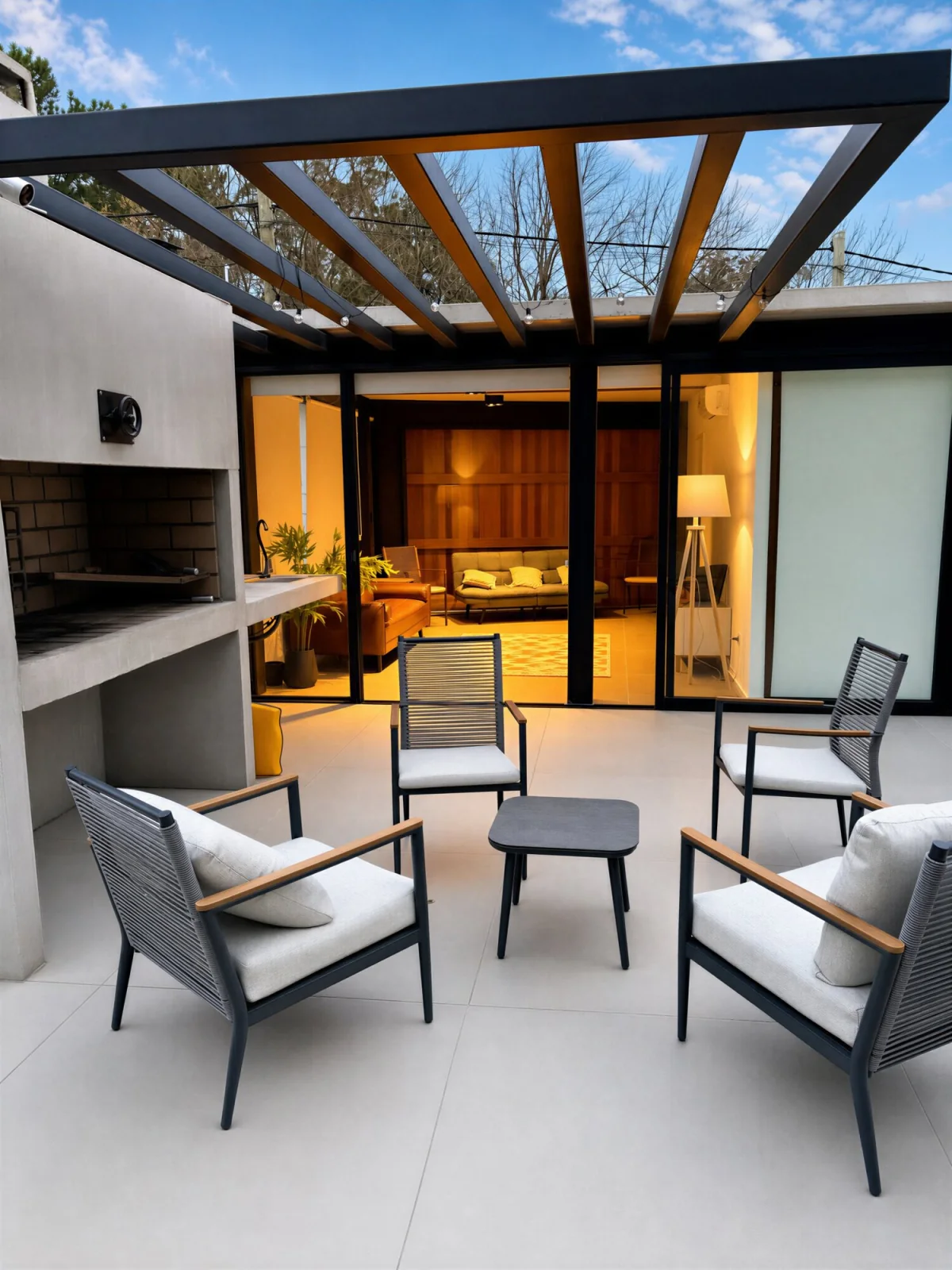 Lounge bajo la pérgola, junto a la parrilla